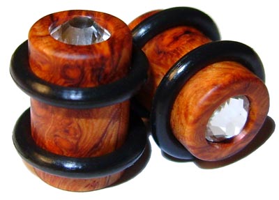 0000g 0000 G Gauge 11.68mm Organic Amboyna Burl Swarovski Crystal Inlayed O-Ring Straight Plugs