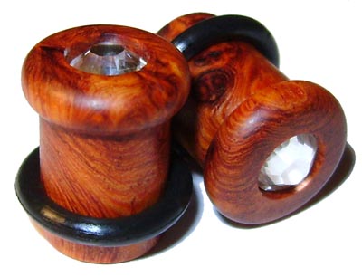 0000g 0000 G Gauge 11.68mm Organic Amboyna Burl Swarovski Crystal Inlayed Single Top Hat Plugs