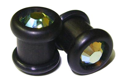 0000g Gauge 11.68mm Organic Ebony Swarovski Crystal Inlayed Double Top Hat Plugs