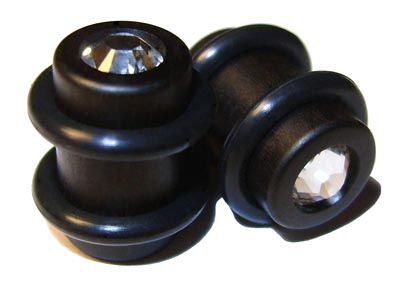 0000g Gauge 11.68mm Organic Ebony Swarovski Crystal Inlayed O-Ring Straight Plugs