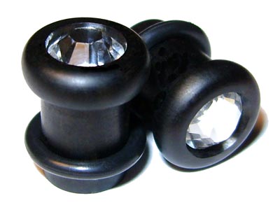 0000g Gauge 11.68mm Organic Ebony Swarovski Crystal Inlayed Single Top Hat Plugs
