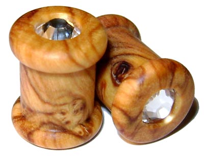 0000g 0000 G Gauge 11.68mm Organic Olivewood Swarovski Crystal Inlayed Double Top Hat Plugs
