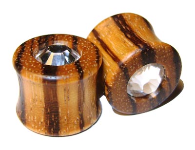 0000g Gauge 11.68mm Organic Zebrawood Swarovski Crystal Inlayed Double Flared Plugs